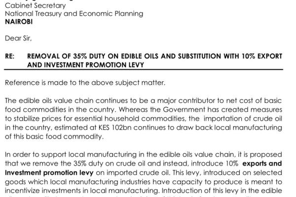 Removal of 35% duty on edible oils and substitution with 10% export and investment promotion levy