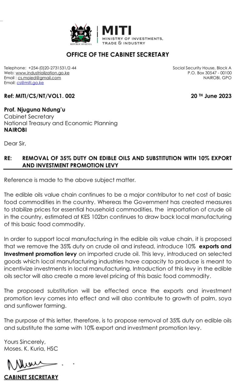 Removal of 35% duty on edible oils and substitution with 10% export and investment promotion levy