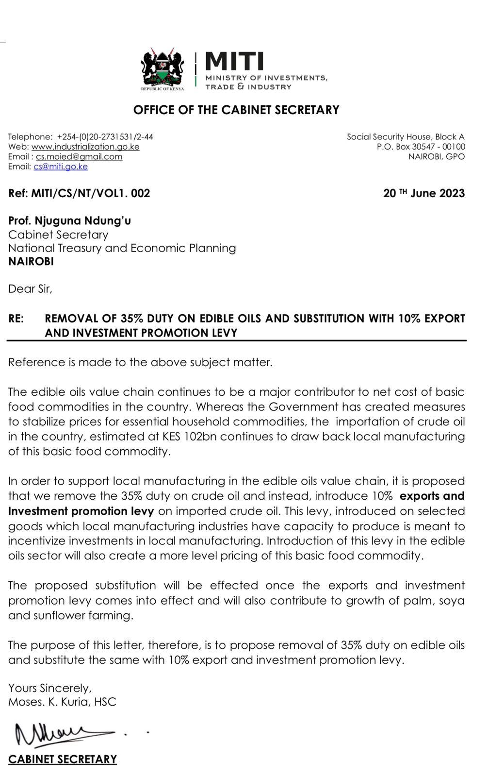 Removal of 35% duty on edible oils and substitution with 10% export and investment promotion levy
